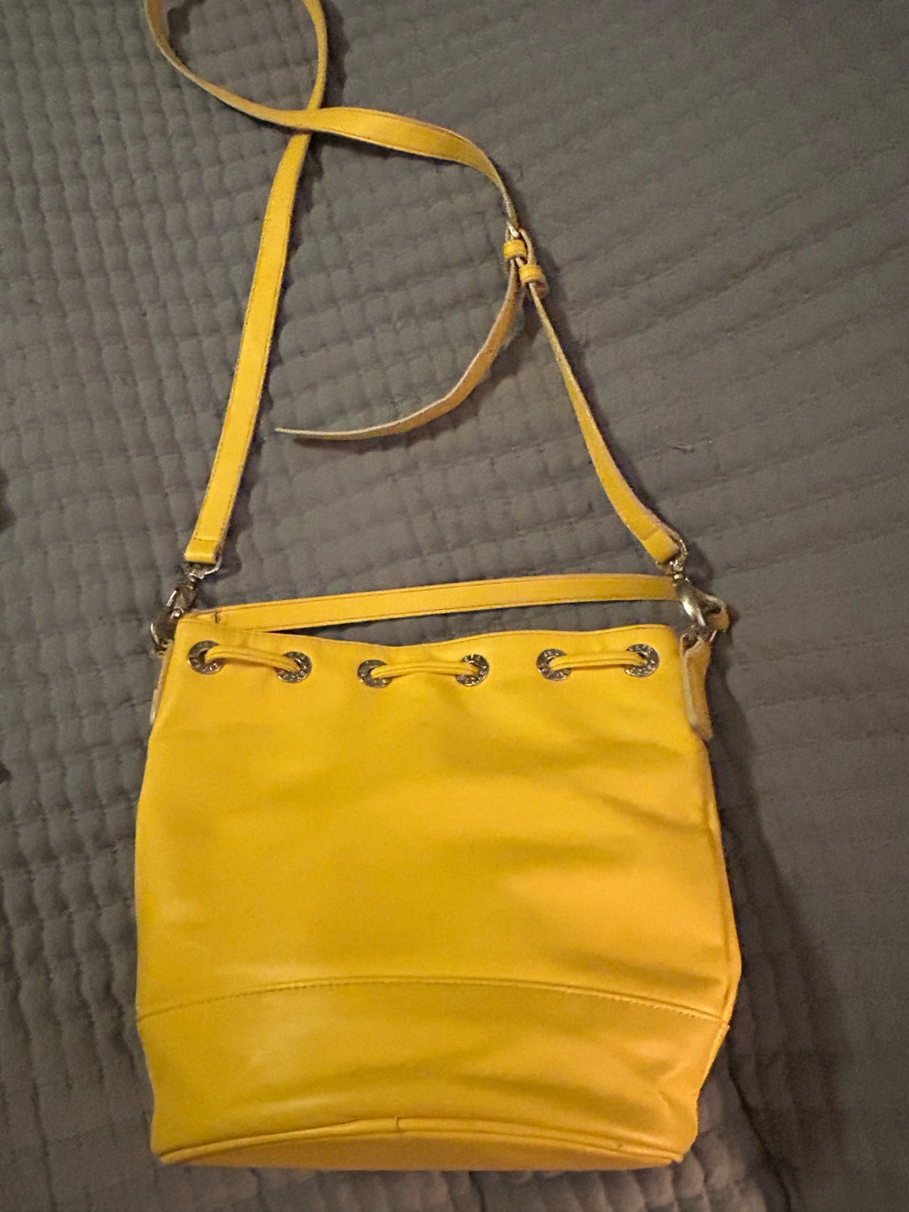 Vera Bradley Yellow Leather Drawstring Crossbody Bucket Bag - Picture 2 of 7